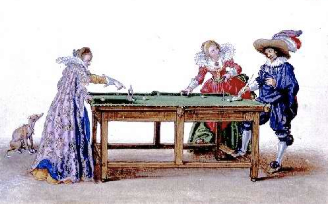 Noble people playing pool around a table.