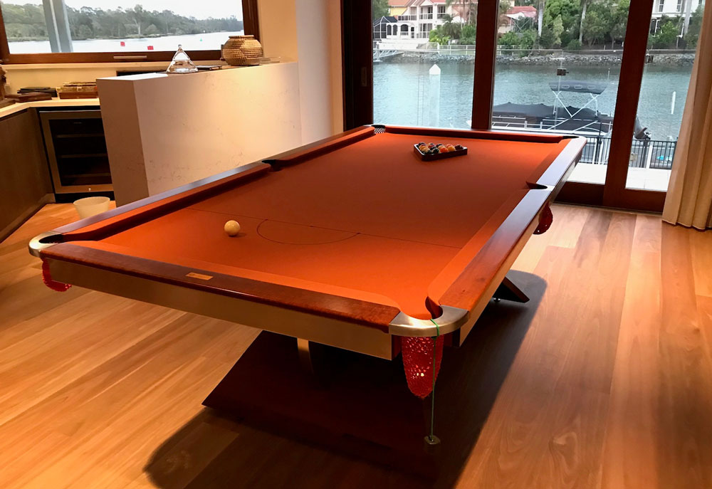 A pool table with brown felt delivered in a river side home in Eastern Australia