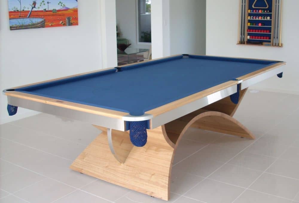 Eclipse design pool table made from blackbutt timber available at Quedos.