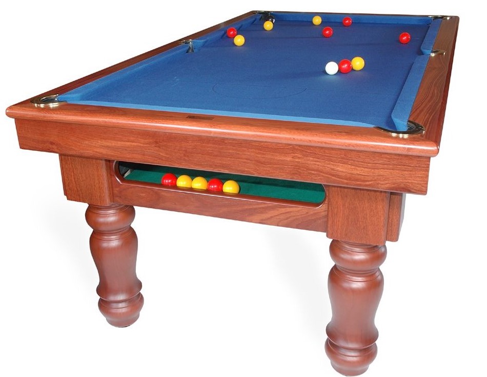A traditional ball return pool table with sturdy frame and legs. 